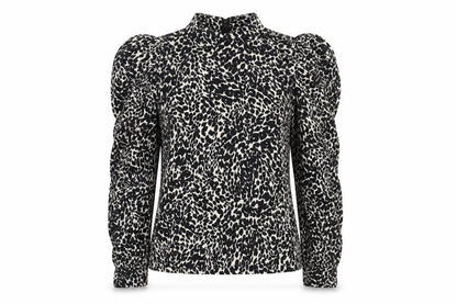Zara Womens Black Animal Print High Neck Puff Sleeve Blouse XS