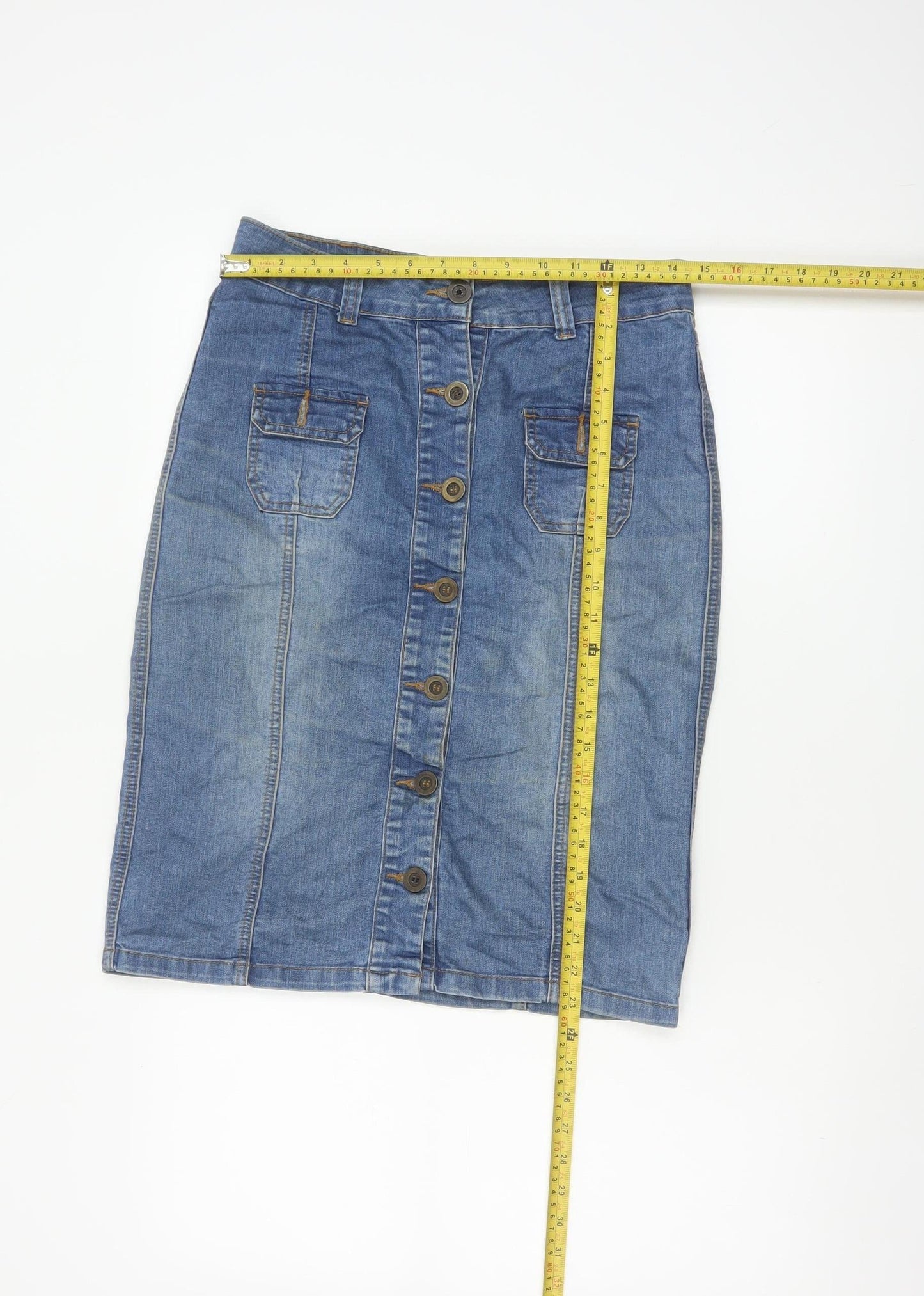 BHS Women’s Blue Denim Button Front Pencil Skirt Size 10