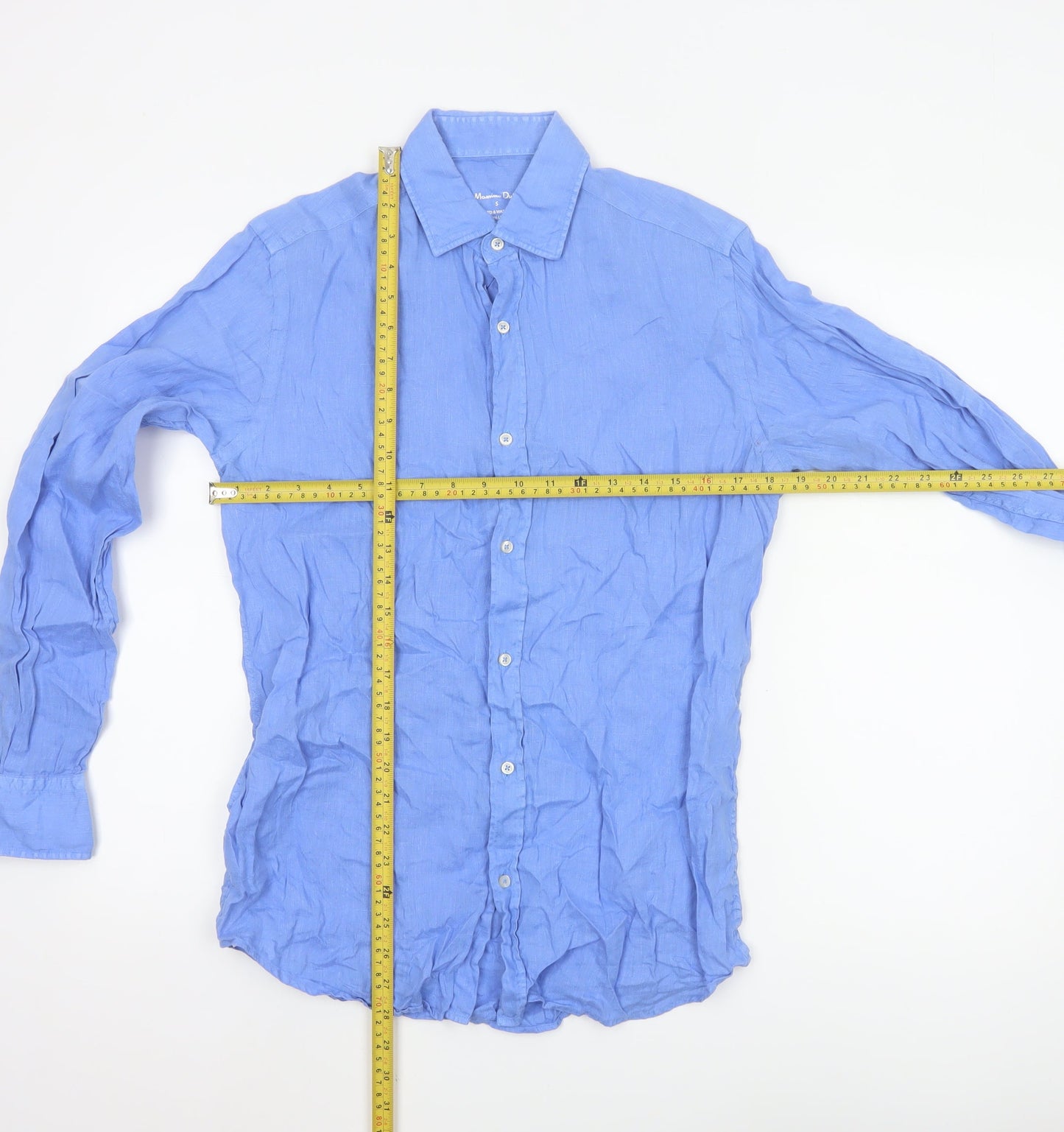 Massimo Dutti Men's Blue Linen Long Sleeve Button-Up Shirt Size S