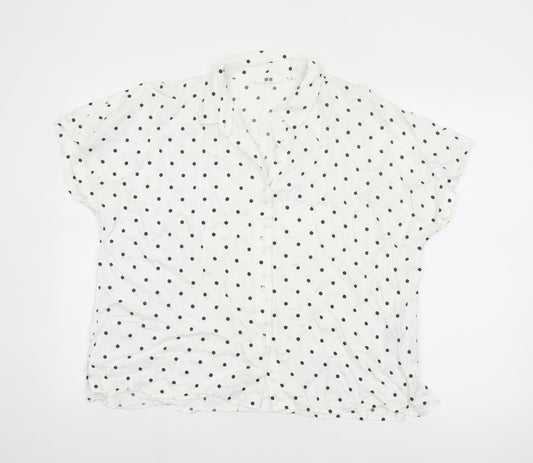 Uniqlo Women White Polka Dot Button-Up Shirt M Viscose