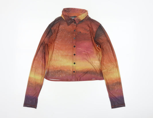 Motel Womens Multicoloured Mesh Collared Cropped Button-Up Shirt L
