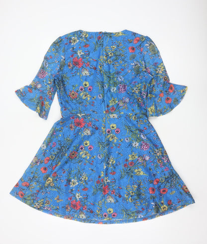 Oasis Women Blue Floral A-Line Short Dress Size 12