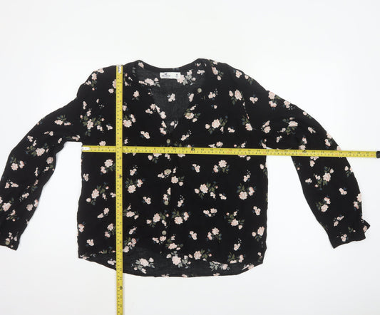 Hollister Women Black Floral Viscose Long Sleeve Tunic Blouse M