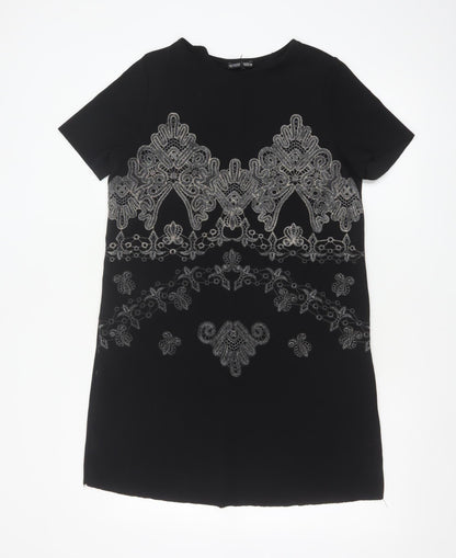 Zara Women Black Embroidered Shift Dress Size 10 Short Sleeve