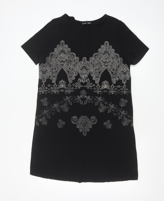 Zara Women Black Embroidered Shift Dress Size 10 Short Sleeve