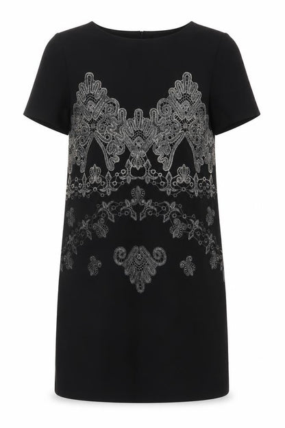 Zara Women Black Embroidered Shift Dress Size 10 Short Sleeve