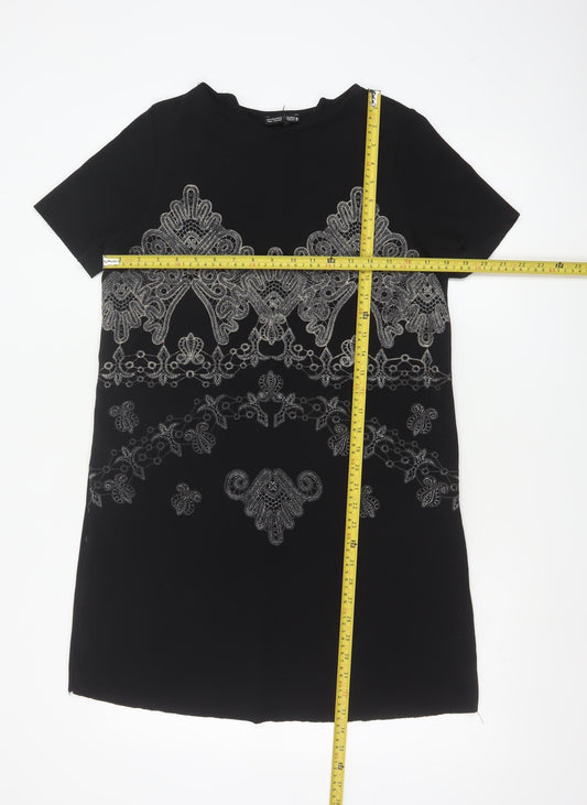 Zara Women Black Embroidered Shift Dress Size 10 Short Sleeve
