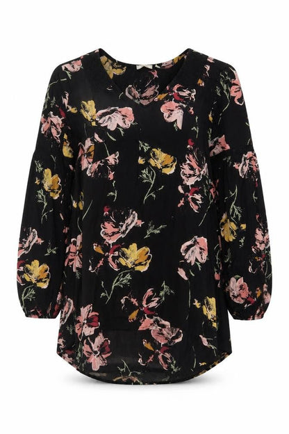 Fat Face Womens Black Floral Tunic Blouse Size 12 Viscose Long Sleeve
