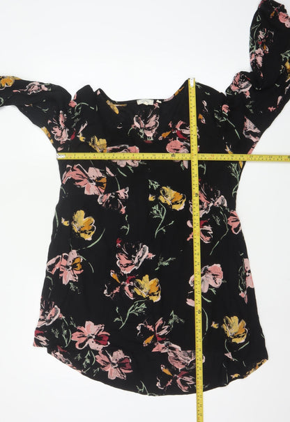 Fat Face Womens Black Floral Tunic Blouse Size 12 Viscose Long Sleeve