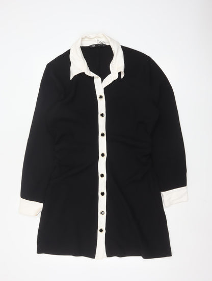 Zara Women Black White Collared Long Sleeve Shirt Dress Size 14