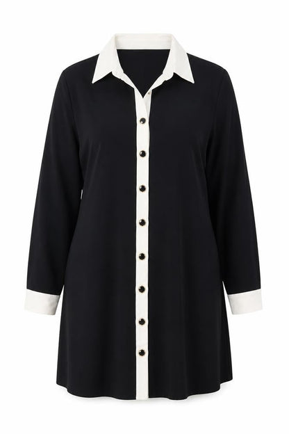 Zara Women Black White Collared Long Sleeve Shirt Dress Size 14
