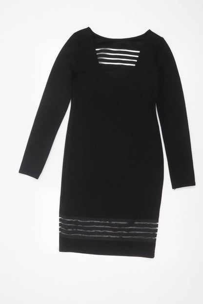 Lipsy Women Black Size 10 Bodycon Knit Dress with Sheer Striped Detail