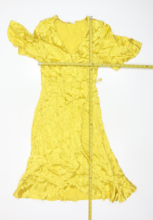 MNG Women’s Yellow V-Neck Flutter Sleeve Wrap Midi Dress Size 10