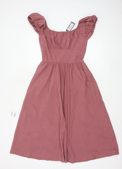 Boohoo Women Pink Midi A-Line Puff Sleeve Dress UK 10