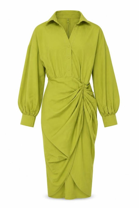 PRETTYLITTLETHING Women’s Green Size 6 Collared Ruched Midi Shirt Dress