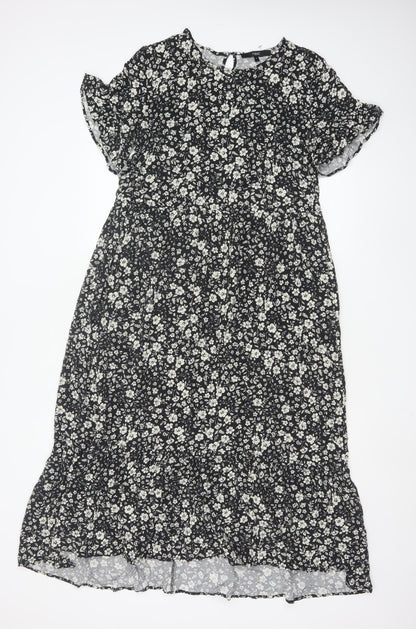 Next Women Black Floral Midi A-Line Dress Size 10 Short Sleeve