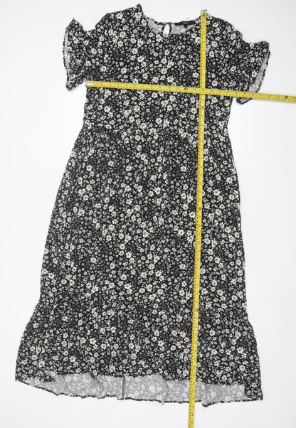Next Women Black Floral Midi A-Line Dress Size 10 Short Sleeve