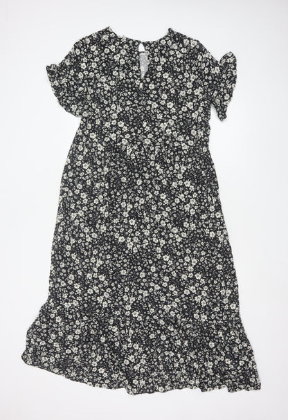Next Women Black Floral Midi A-Line Dress Size 10 Short Sleeve