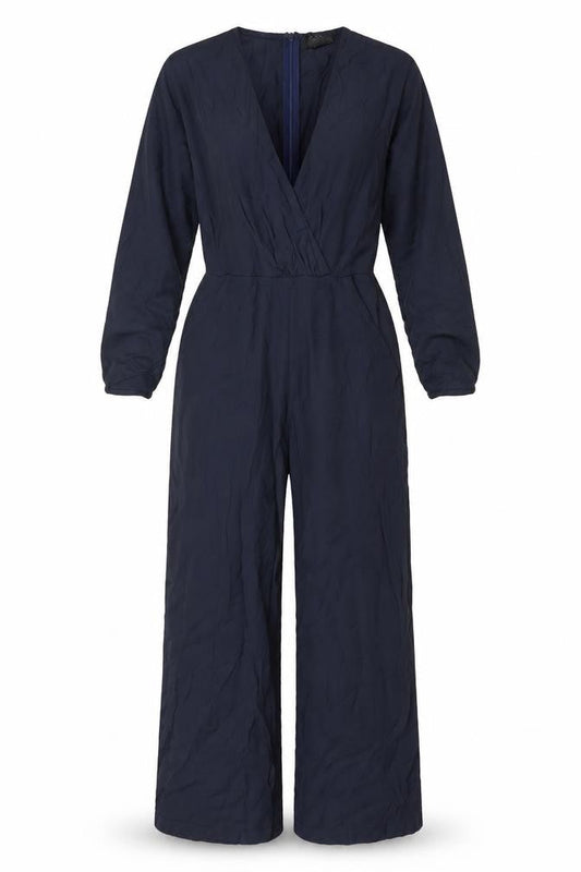 AX Paris Women's Navy Blue Long Sleeve V-Neck Wide Leg Jumpsuit Size 10