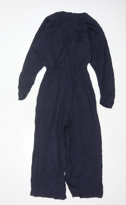 AX Paris Women's Navy Blue Long Sleeve V-Neck Wide Leg Jumpsuit Size 10