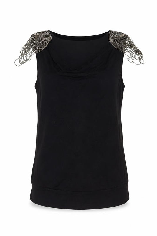 Front view of Red Herring Women's Black Beaded Sleeveless Blouse, size 12