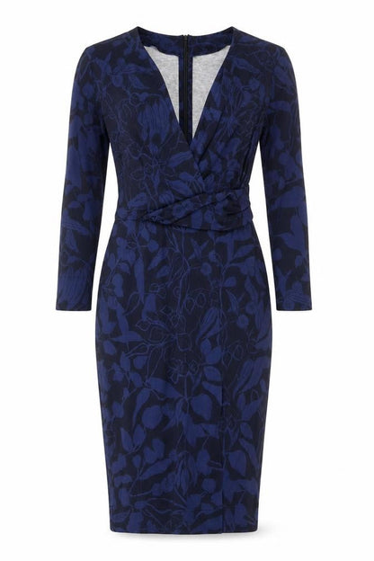 Jigsaw Women’s Blue Floral Bodycon Dress Size S 3/4 Sleeve V-Neck