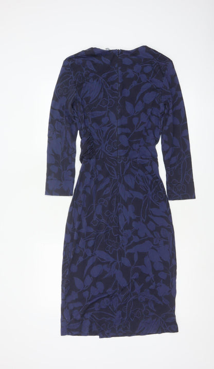 Jigsaw Women’s Blue Floral Bodycon Dress Size S 3/4 Sleeve V-Neck