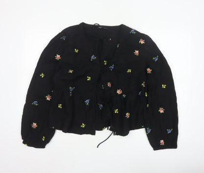 Nobody’s Child Women’s Black Floral Embroidered Peasant Blouse UK 14