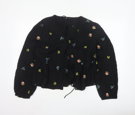 Nobody’s Child Women’s Black Floral Embroidered Peasant Blouse UK 14