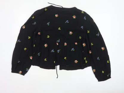 Nobody’s Child Women’s Black Floral Embroidered Peasant Blouse UK 14