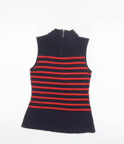 Karen Millen Women's Blue Red Striped Sleeveless Zip Neck Tank Top Size 8