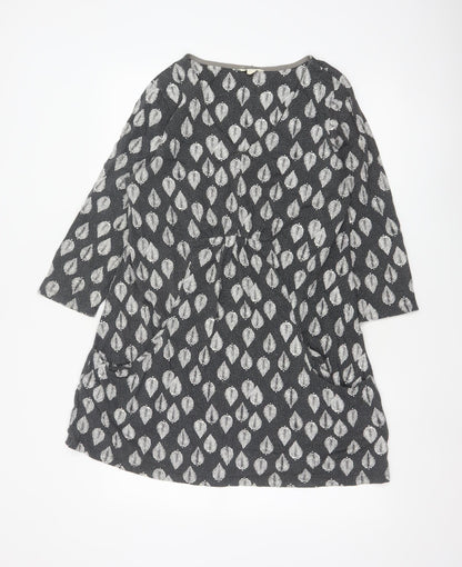 White Stuff Women Grey Leaf Print Cotton Shift Dress UK 18