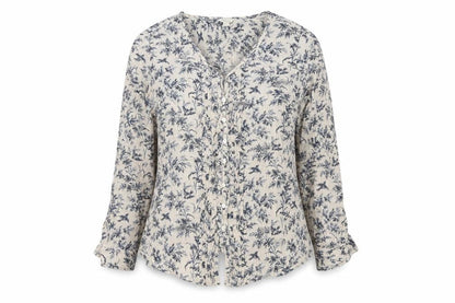 Monsoon Women's Beige Floral Button-Up Blouse Size 18 Long Sleeve Cotton
