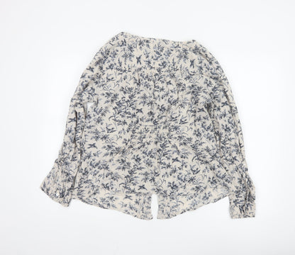 Monsoon Women's Beige Floral Button-Up Blouse Size 18 Long Sleeve Cotton