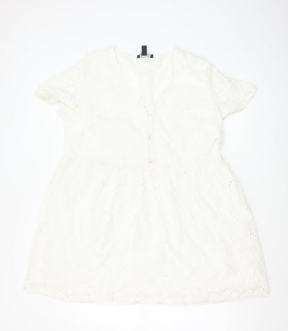 New Look Women's White Cotton A-Line Short Sleeve Belted Dress Size 18
