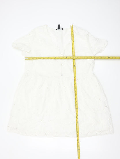 New Look Women's White Cotton A-Line Short Sleeve Belted Dress Size 18