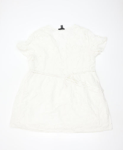 New Look Women's White Cotton A-Line Short Sleeve Belted Dress Size 18