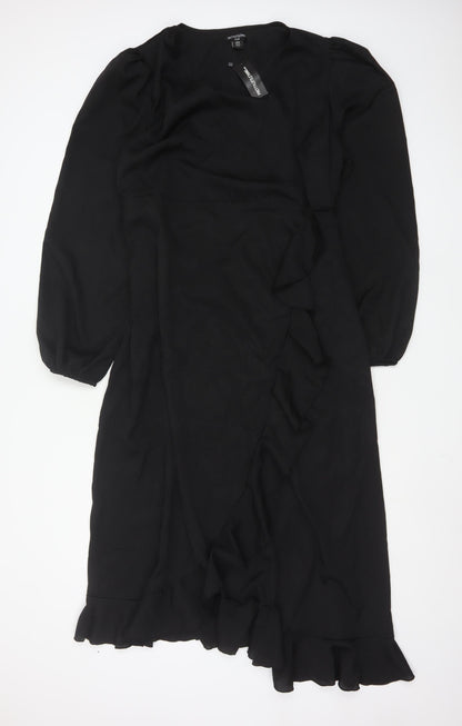 PrettyLittleThing Women’s Black Plus Size 18 Wrap Ruffle Long Sleeve Dress