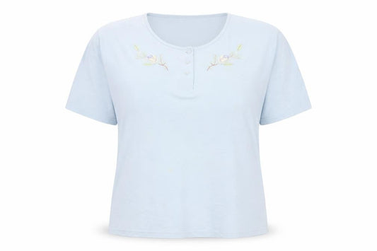 Honor Millburn Women Blue XL Henley Embroidered Cotton T-Shirt