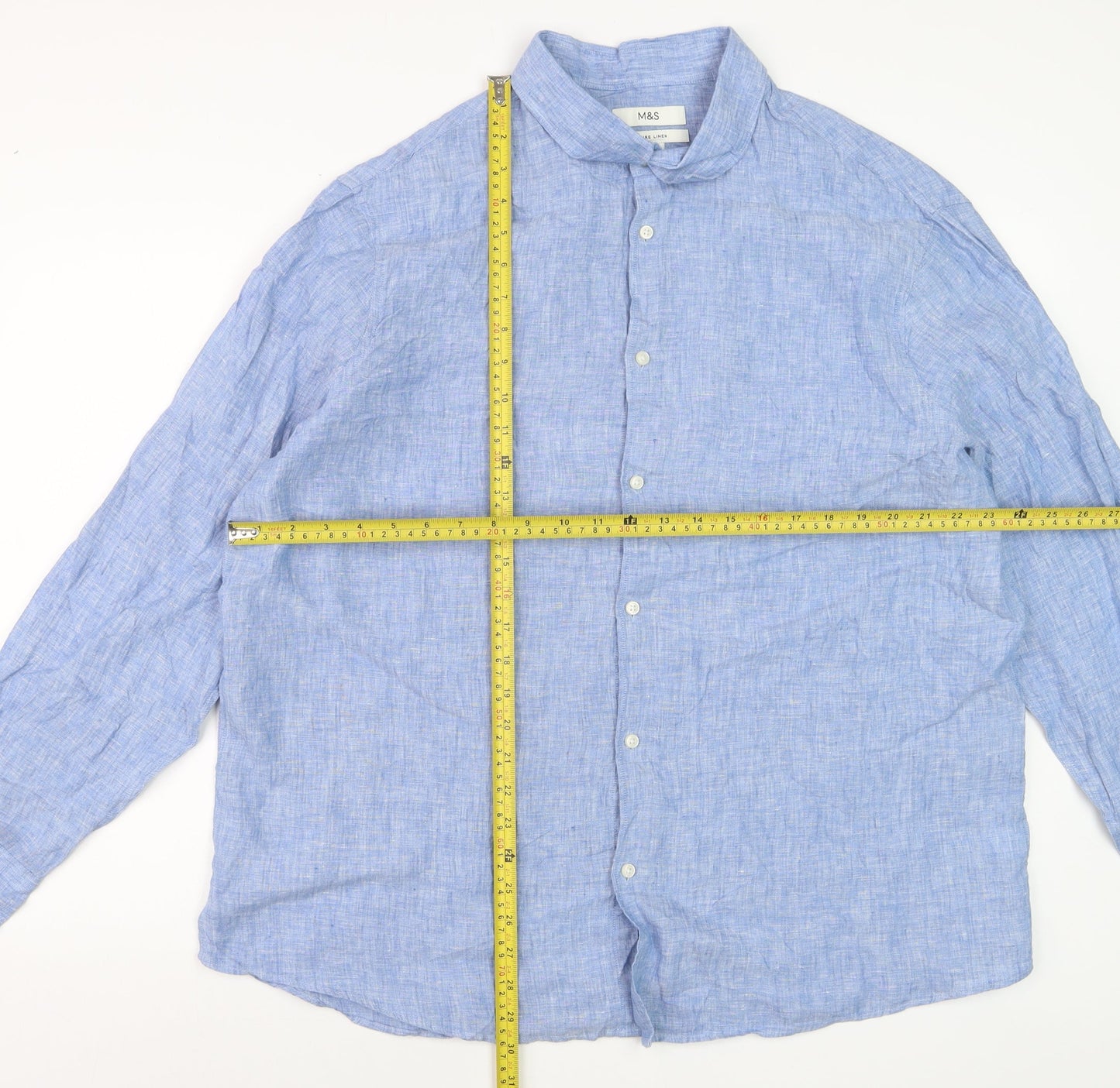 Marks and Spencer Men’s Blue Linen Long Sleeve Button-Up Shirt 2XL