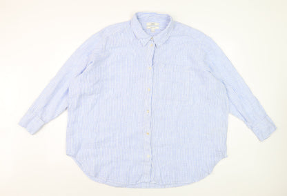 Marks and Spencer Women Blue Striped Linen Button-Up Shirt Size 20