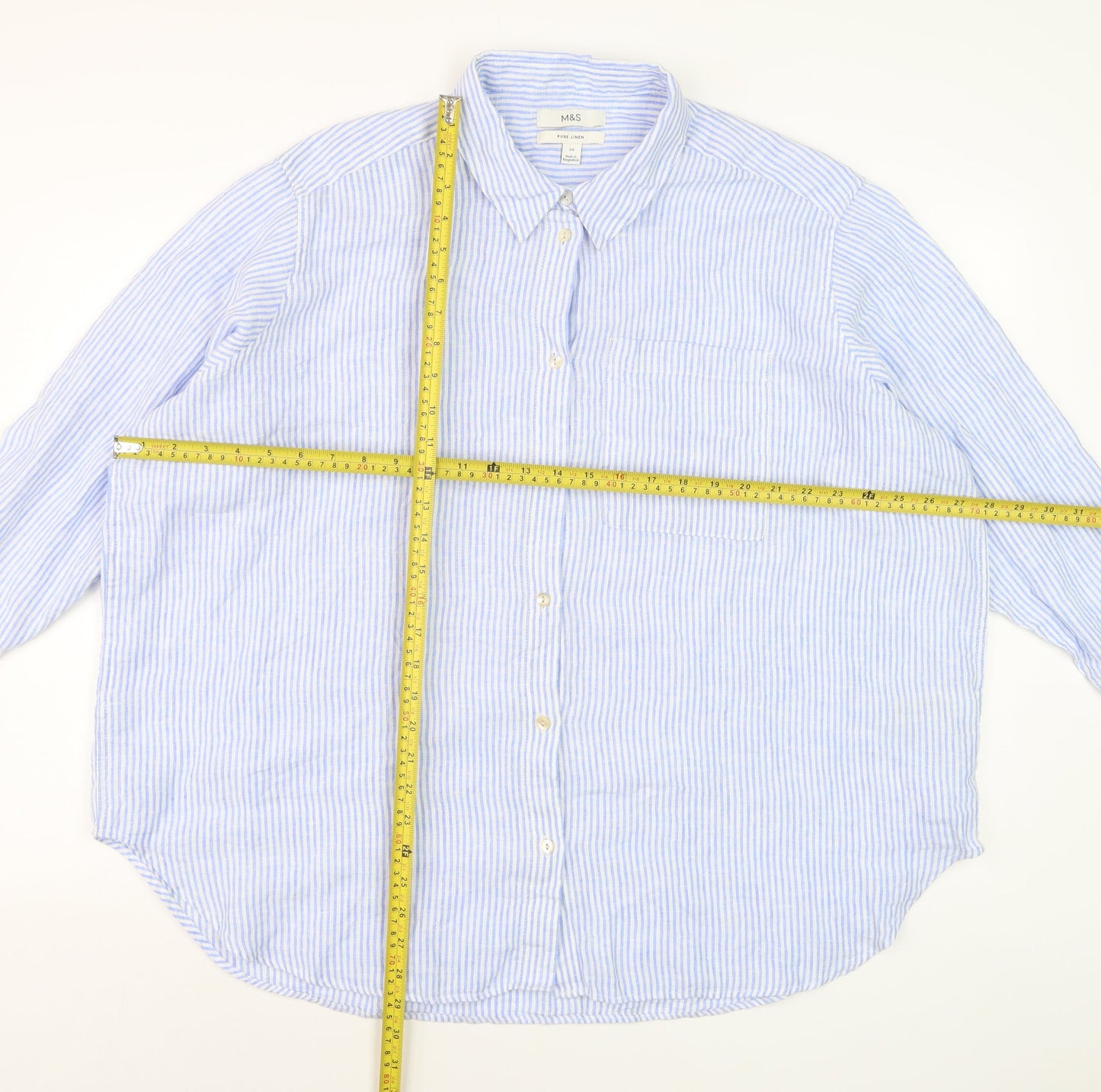 Marks and Spencer Women Blue Striped Linen Button-Up Shirt Size 20