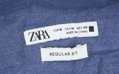 Zara Men's Blue Regular Fit Cotton Button-Down Long Sleeve Shirt M