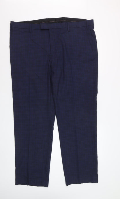 Marks and Spencer Men's Blue Check Regular Fit Dress Trousers 42W 31L