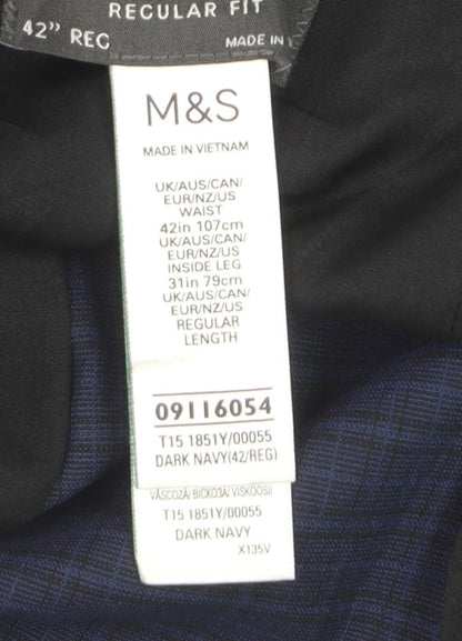 Marks and Spencer Men's Blue Check Regular Fit Dress Trousers 42W 31L