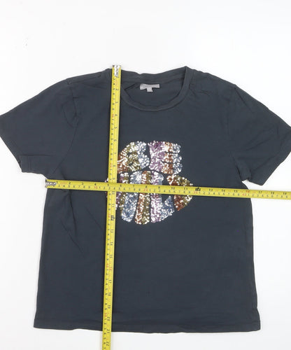 Oliver Bonas Womens Black Sequin Short Sleeve Cotton T-Shirt Size 8