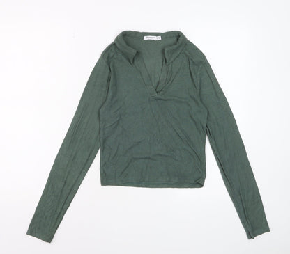 Stradivarius Women Green Cropped Collared Long Sleeve Top Size 12