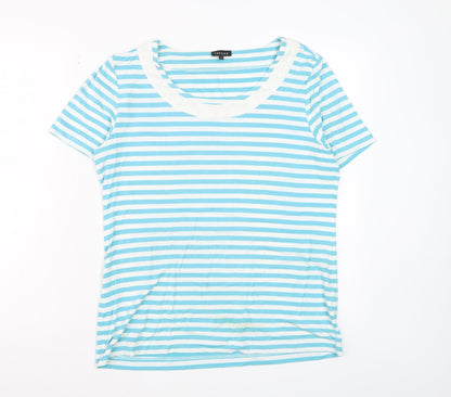 Jaeger Women Blue Striped Short Sleeve Scoop Neck T-Shirt L