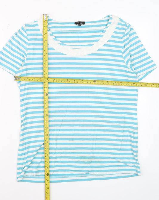 Jaeger Women Blue Striped Short Sleeve Scoop Neck T-Shirt L