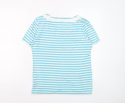 Jaeger Women Blue Striped Short Sleeve Scoop Neck T-Shirt L